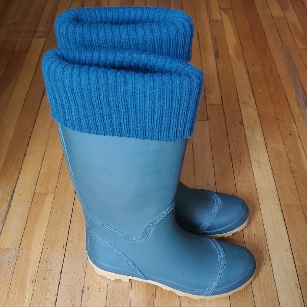 Henry Ferrera Teal Rubber Rain Boots with Knit Cuffs